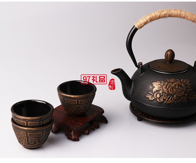 翻砂鐵壺+四個中鐵杯+墊叉包裝 定制茶具 定制logo