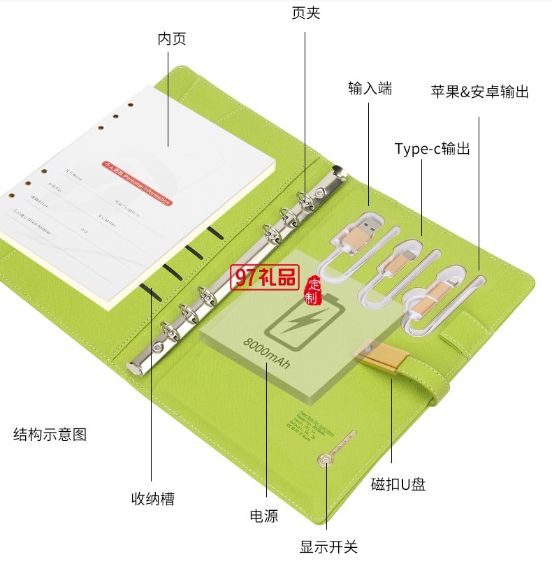 （金扣本）A5多功能充電筆記本印LOGO套裝高檔商務禮品定制