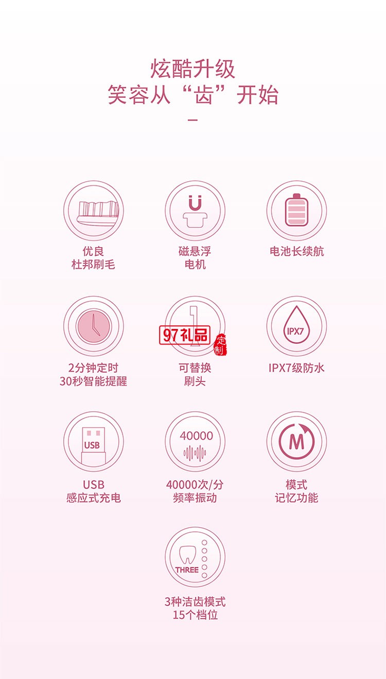 IPX7級(jí)防水有效保護(hù)產(chǎn)品三段潔齒模式聲波電動(dòng)牙刷