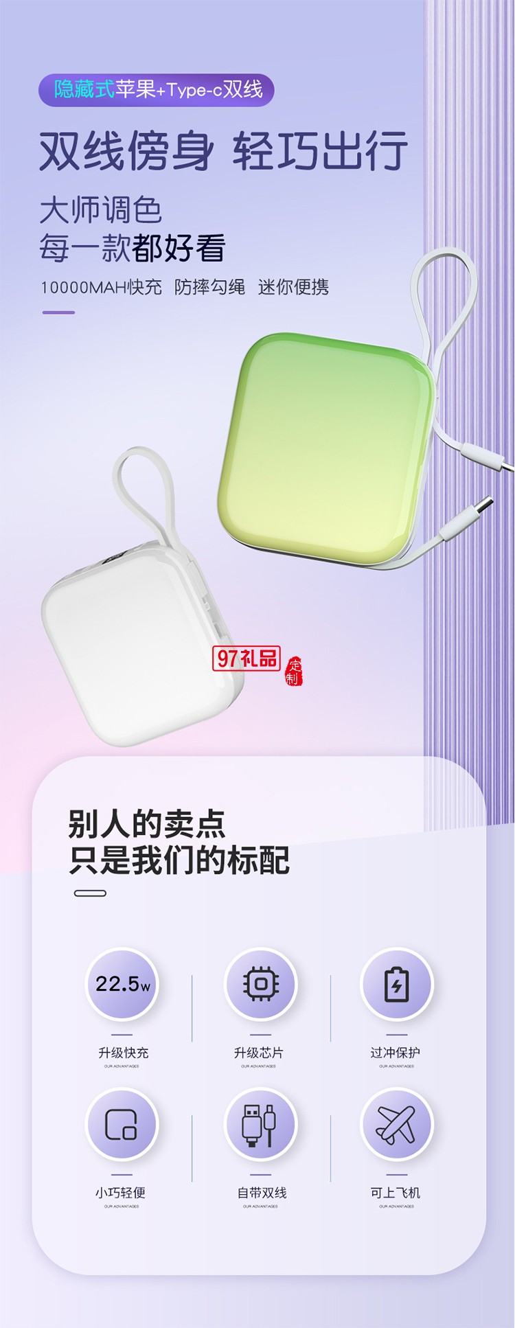 22.5w充電寶10000毫安20W快充PD大容量便攜迷你自帶線移動(dòng)