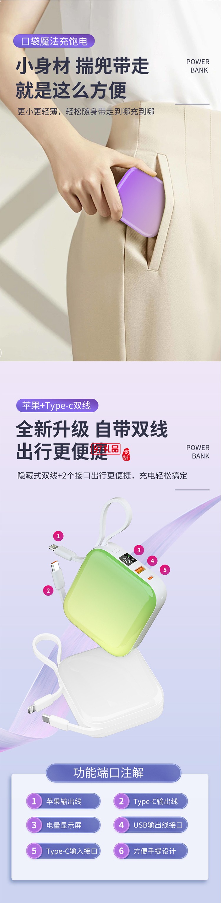 22.5w充電寶10000毫安20W快充PD大容量便攜迷你自帶線移動(dòng)