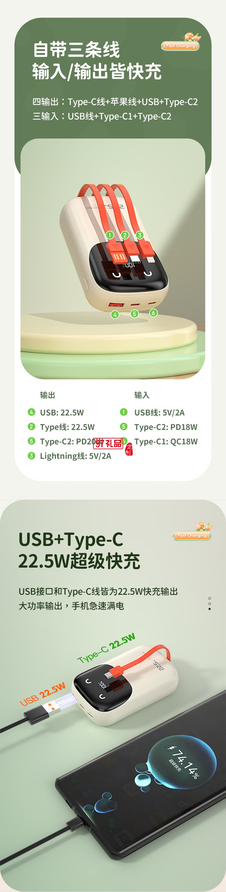 快充充電寶【3C認(rèn)證可上飛機(jī)】10000毫安時大容量自帶線22.5WP